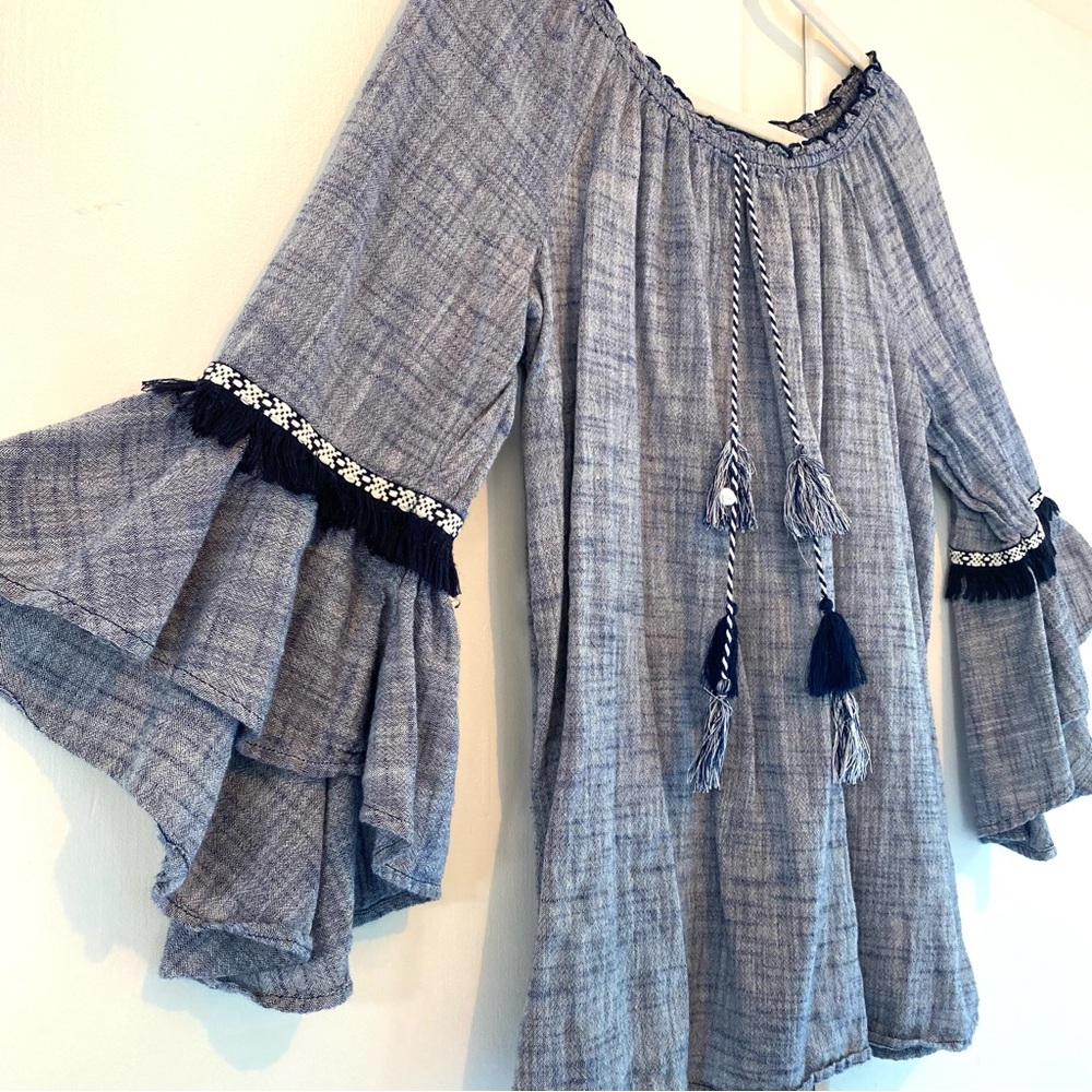 Boho Chambray Blue Top Ruffle Tassel Neck Layered Bell Embroidery Sleeve L
